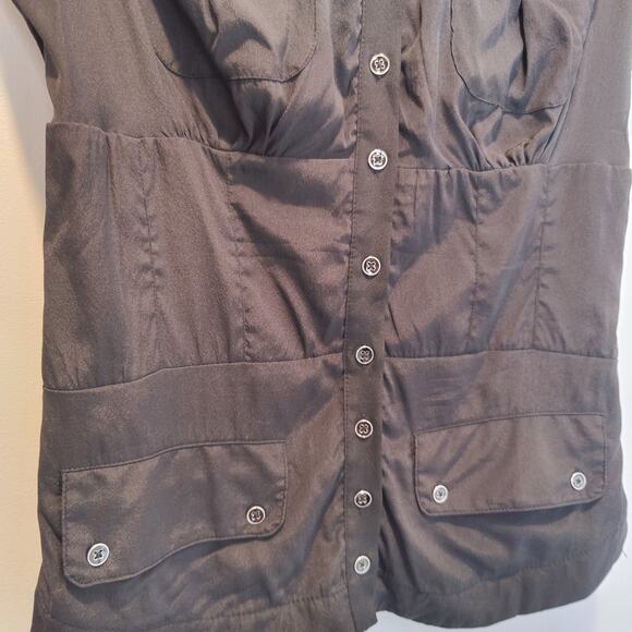 Bebe Sz 6 Y2K Black Silk Button Up Shirt Safari Pockets Corset Style Bodice - Picture 3 of 6